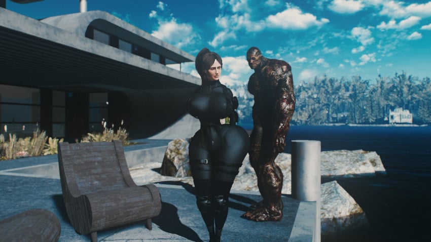 arms_behind_back big_ass big_breasts big_butt blue_eyes brown_hair fallout fallout_4 hourglass_figure huge_ass huge_breasts imminent_rape impending_rape monster screenshot slim_thick slim_waist super_mutant tiny_waist voluptuous_female wallpaper