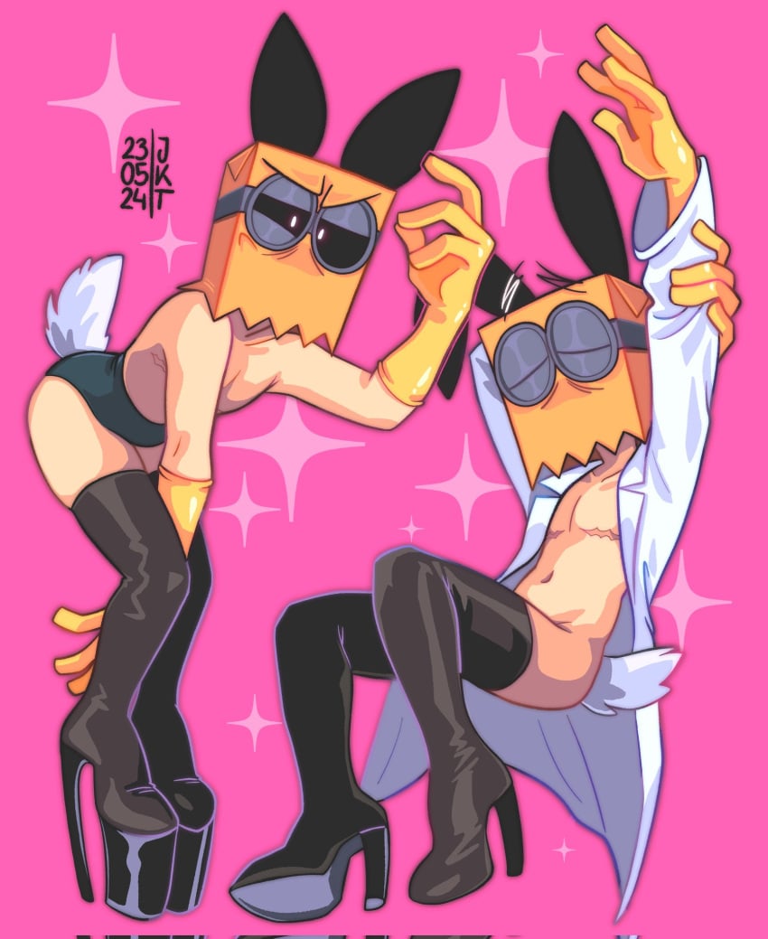 bunnysuit dr._flug_(villainous) gay goggles half_naked high_heels mastectomy_scar orengejoshi paper_bag pink_background villainous