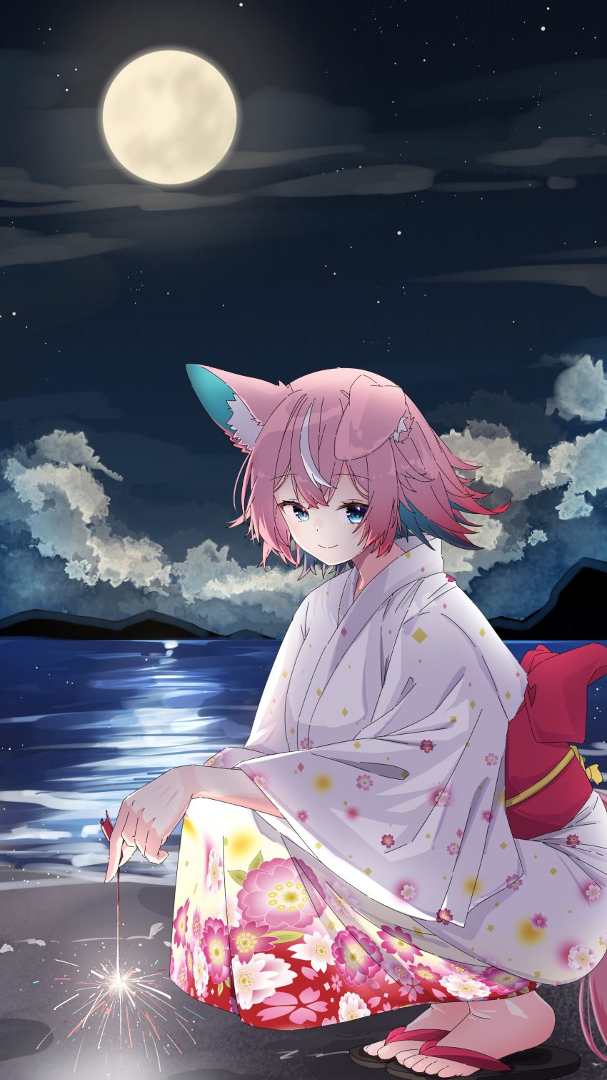 1girl animal_ear_fluff animal_ears blue_eyes blush cloud dog_ears dog_girl female fireworks franek89 full_moon japanese_clothes kimono looking_at_viewer medium_hair moon mountain night night_sky outdoors pink_hair sandals short_hair sky smile solo sparkler star_(sky) starry_sky virtual_youtuber vyugen wide_sleeves yuniiho_(character)