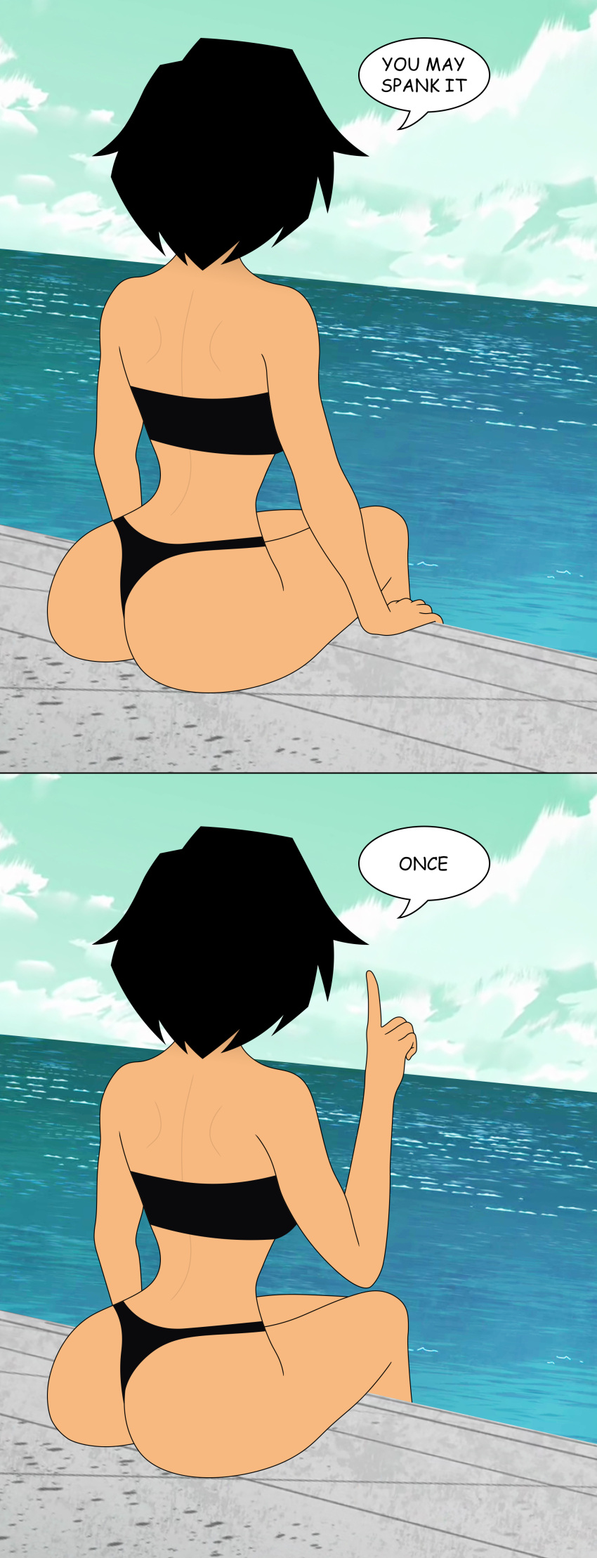 1girls big_hero_6 big_hero_6:_the_series bikini black_hair disney disney_channel gogo_tomago marvel marvel_comics mehefin013 meme sitting speech_bubble viewed_from_behind you_may_spank_it_once_(meme)