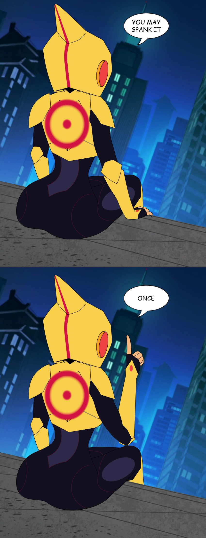 1girls big_hero_6 big_hero_6:_the_series black_hair bodysuit disney disney_channel gogo_tomago marvel marvel_comics mehefin013 meme sitting speech_bubble superheroine viewed_from_behind you_may_spank_it_once_(meme)