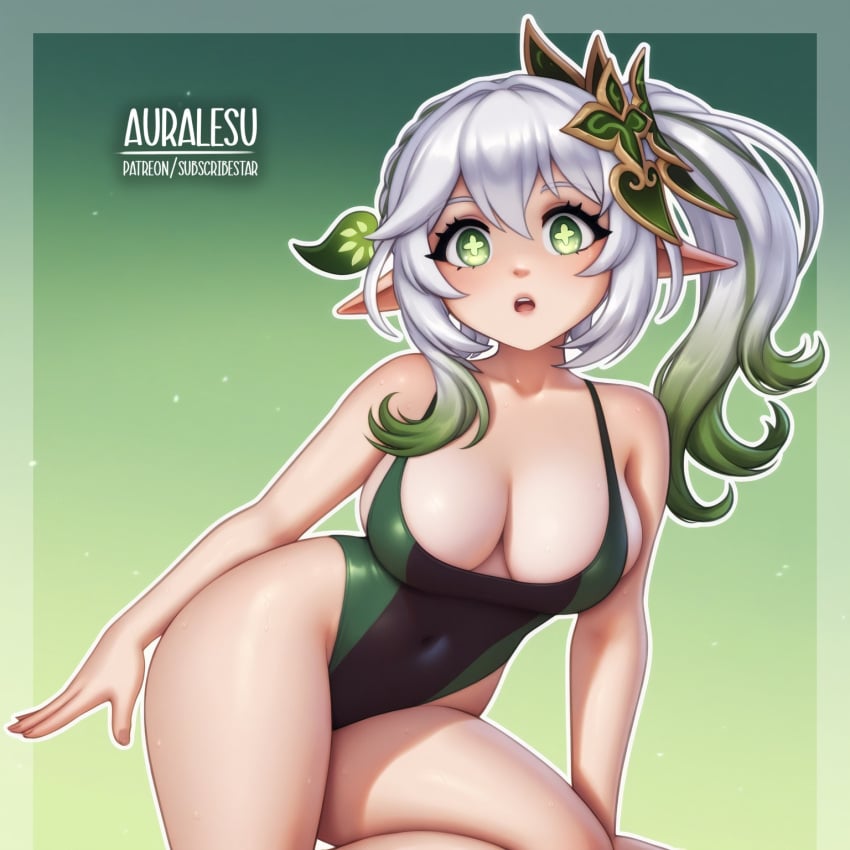 ai_generated artist_logo artist_name artist_website auralesu digital_media_(artwork) female genshin_impact girly green_eyes green_hair hi_res high_resolution highres nahida_(genshin_impact) one-piece_swimsuit oppai patreon patreon_username petite petite_body petite_female petite_girl self_upload shortstack skinny subscribestar subscribestar_username swimsuit white_hair