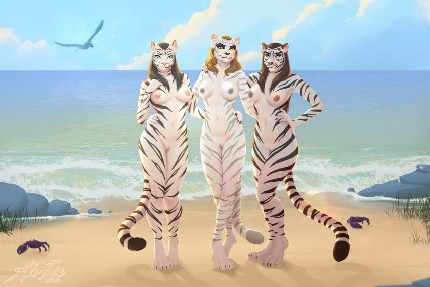 ale-tie anthro arm_around_waist beach black_hair blue_eyes breasts day digitigrade felid female fur genitals group hair hand_on_hip hi_res khajiit lineup mammal microsoft nipples nude pupils pussy sea seaside sky slit_pupils striped_body striped_fur stripes the_elder_scrolls trio water white_body white_fur