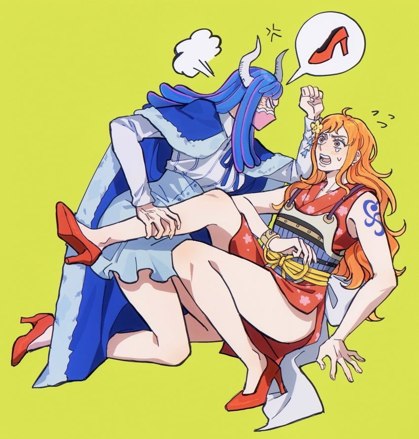 2girls angry balloon blue_hair female female_focus female_only high_heels long_hair multicolored_hair nami nami_(one_piece) onami one_piece orange_hair post-timeskip red_highlights seirorath simple_background sweating tattoo ulti_(one_piece)