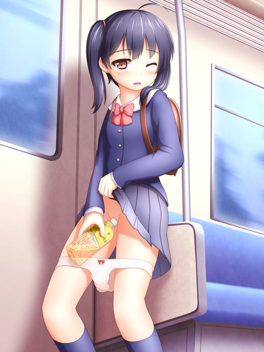 ahoge backpack bag black_hair blush bottle bow brown_eyes container_urination female highres kazumi_(syoki4230) looking_away one_eye_closed open_mouth original panties panty_pull peeing public_urination pussy school_uniform short_hair skirt skirt_lift solo standing_pee subway underwear urinating_female urine_in_container young