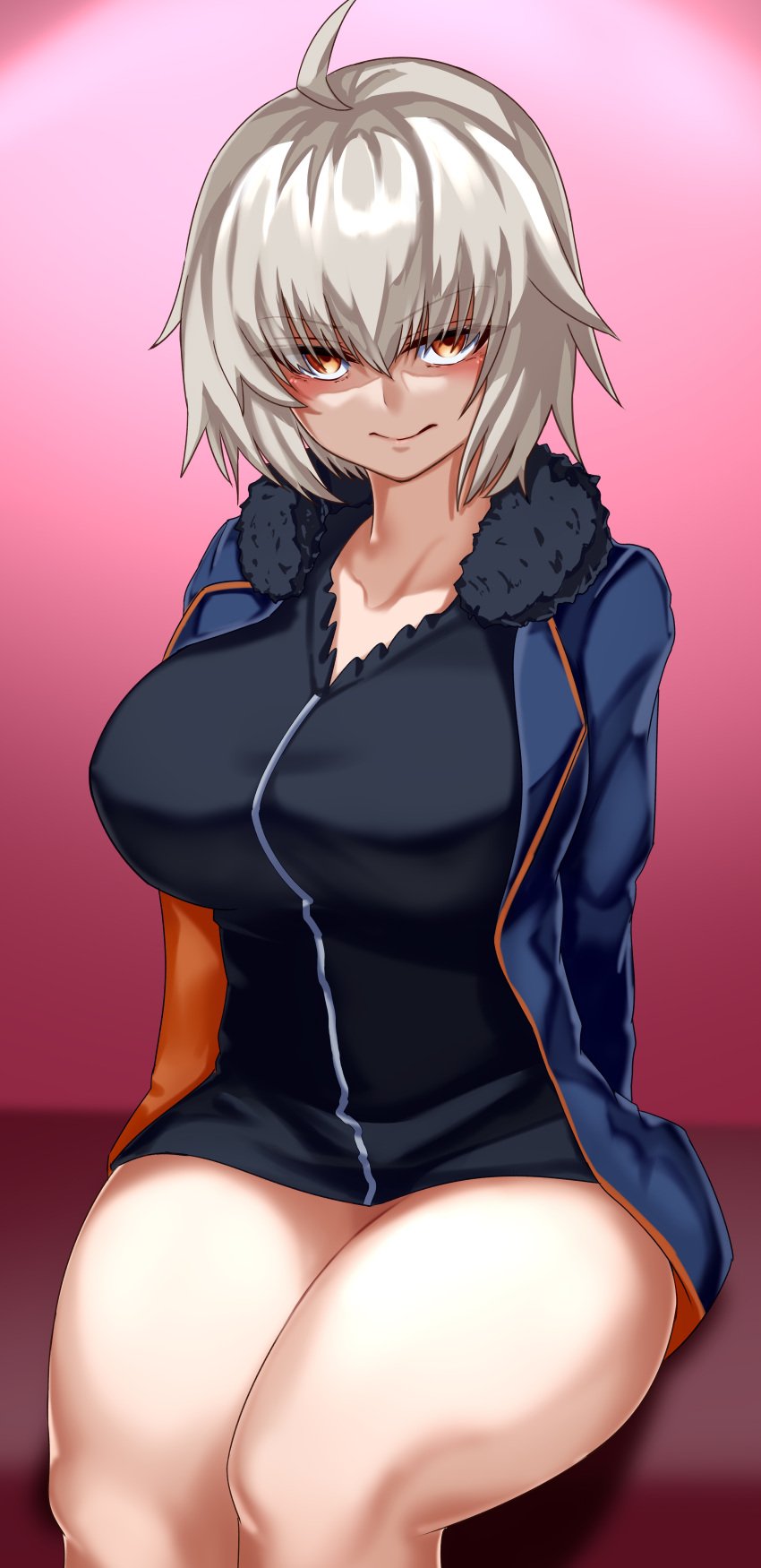 1girls ahoge arms_behind_back bent_knees big_breasts big_breasts big_thighs black_clothes black_clothing black_shirt blue_jacket blush blush blushing_at_viewer breasts breasts closed_mouth clothed clothed_female clothes clothing covered_breasts covered_nipples curvaceous curvaceous_body curvaceous_female curvaceous_hips curvaceous_thighs curvy curvy_body curvy_female curvy_figure curvy_hips curvy_thighs exposed_thighs fat_breasts fat_thighs fate/grand_order fate_(series) female female_focus female_only fur-trimmed_coat fur-trimmed_jacket furrowed_brow furrowed_eyebrows glare glaring glaring_at_viewer gray_eyebrows gray_hair grey_eyebrows grey_hair grimace hands_behind_back huge_boobs huge_thighs imminent_sex jacket jacket_open jeanne_alter jeanne_d&#039;arc_(alter)_(fate) jeanne_d&#039;arc_(fate)_(all) jeanne_d&#039;arc_alter_(fate) kinginboueki knees knees_bent large_boobs large_breasts large_thighs legs legs_together long_legs looking_at_viewer mouth_closed pale-skinned_female pale_skin pink_background plump_breasts plump_thighs pose posing pov shadow shirt short_hair simple_background sitting sitting_down sole_female solo_female solo_focus thighs unzipped_jacket v-neck v-neck_shirt voluptuous voluptuous_female yellow_eyes