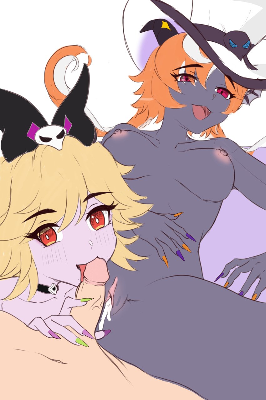 cum_in_pussy dark_skin diana_(elsword) elsword eris_(elsword) fellatio large_hat nail_polish orange_hair tagme