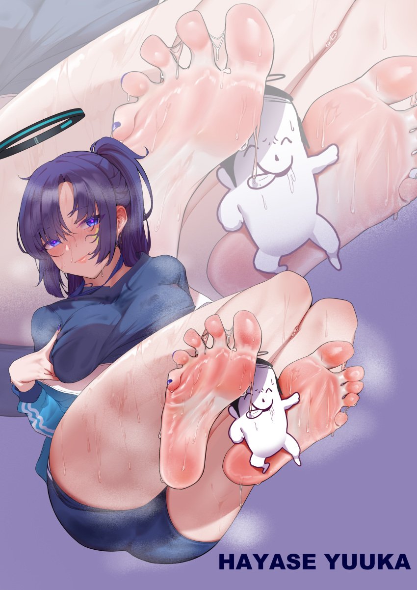 :p absurdres barefoot blue_archive blue_buruma blue_eyes blue_shirt blush buruma character_name doodle_sensei_(blue_archive) feet female gym_uniform halo hand_on_own_chest heart heart-shaped_pupils highres jacket long_hair nail_polish official_alternate_costume parted_bangs ponytail purple_background purple_hair sensei_(blue_archive) sexually_suggestive shirt sidelocks soles spread_toes star_(symbol) steaming_body sticker_on_face sweat symbol-shaped_pupils toenail_polish toenails toes tongue tongue_out track_jacket very_sweaty xiyu_yy yuuka_(blue_archive) yuuka_(track)_(blue_archive)