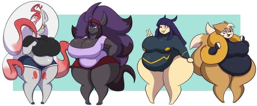 4girls bailey_(dewwydartz) big_breasts breasts chubby cleavage dani_(dewwydartz) desire_(dewwydartz) dewwydarts dewwydartz female floatzel furry hisuian_typhlosion hisuian_zoroark huge_breasts nea(dewwydartz) pokémon_(species) pokemon tagme thick_thighs typhlosion wide_hips zoroark