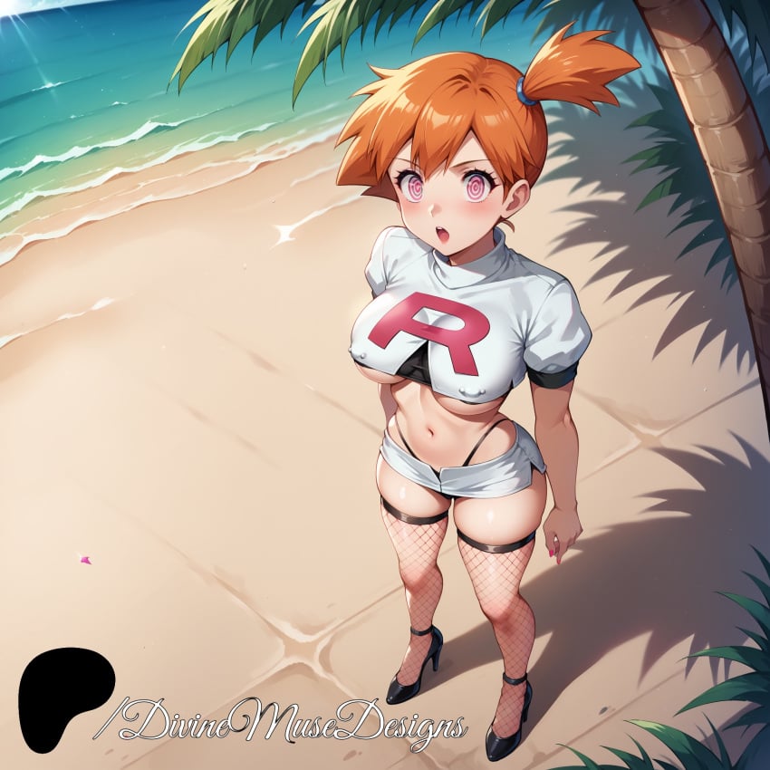 2024 4k 8k ai_generated beach belly_button black_panties color colored divine_muse_designs fishnet_legwear fishnets from_above game_freak hi_res high_heels high_resolution highres hypnosis hypnotized_eyes kasumi_(pokemon) mind_control nipple_piercing_bulge nipple_piercings_under_clothes orange_hair palm_tree patreon patreon_logo patreon_username pokemon sand sexy_clothing skimpy_clothes spiral_eyes stable_diffusion sunlight team_rocket team_rocket_uniform thong underboob water watermark whale_tail