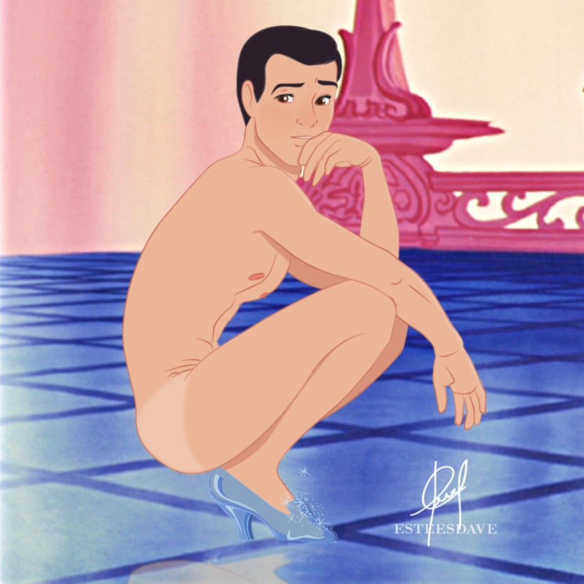 1boy 2015 artist_name ass black_hair brown_eyes character_name cinderella_(1950_film) color copyright_name crossdressing digital_media_(artwork) disney esteesdave gay glass_slipper heels high_heels human indoors looking_at_viewer male manly_crossdresser mostly_nude mostly_nude_male nipples pale-skinned_male pale_skin pinup prince_charming shoes short_hair solo solo_male squatting tanline uncensored yaoi