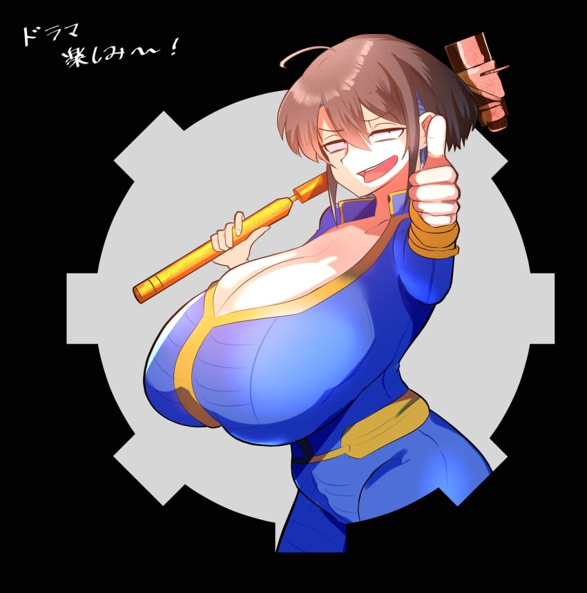 1girls 30th_video_rentals alternate_breast_size big_breasts black_hair bodysuit chuuko_rental cosplay fallout female female_only holding_object holding_weapon huge_boobs huge_breasts huge_tits indie_virtual_youtuber kataochi_chuuko kataoti_30 large_boobs large_breasts large_tits mob_face nakako_kataochi smile solo solo_female thumbs_up top_heavy vault vault_suit virtual_youtuber vtuber