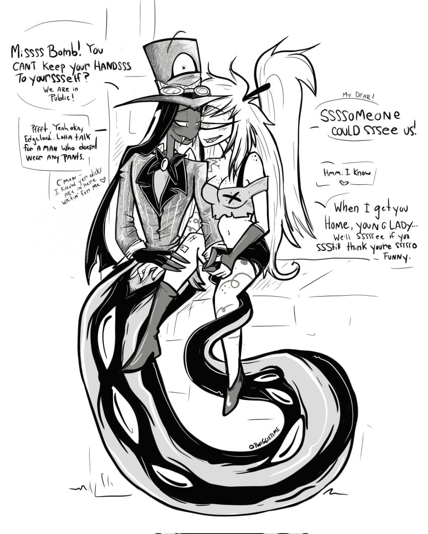 1boy 1girls 2024 2d blush cherri_bomb_(hazbin_hotel) cloaca cloaca_juice cloacal_penetration clothing cyclops dialogue edging english_dialogue english_text freckles hat hazbin_hotel heart heart_symbol looking_at_another monochrome sir_pentious_(hazbin_hotel) snake text text_bubble twiggietime vivienne_medrano watermark white_background wholesome