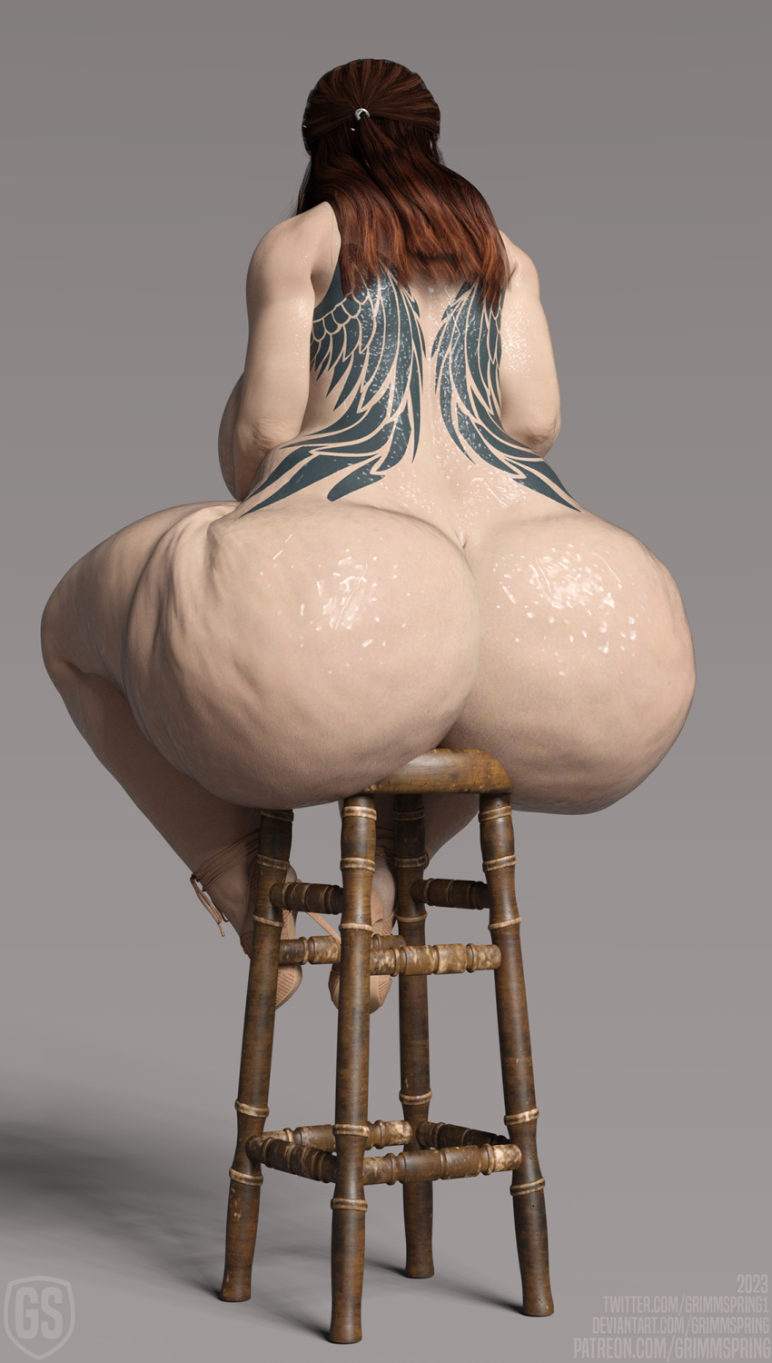 1girls 3d ass back_view big_ass cellulite fat_ass female grimmspring high_heels huge_ass large_ass sitting stool tattoo