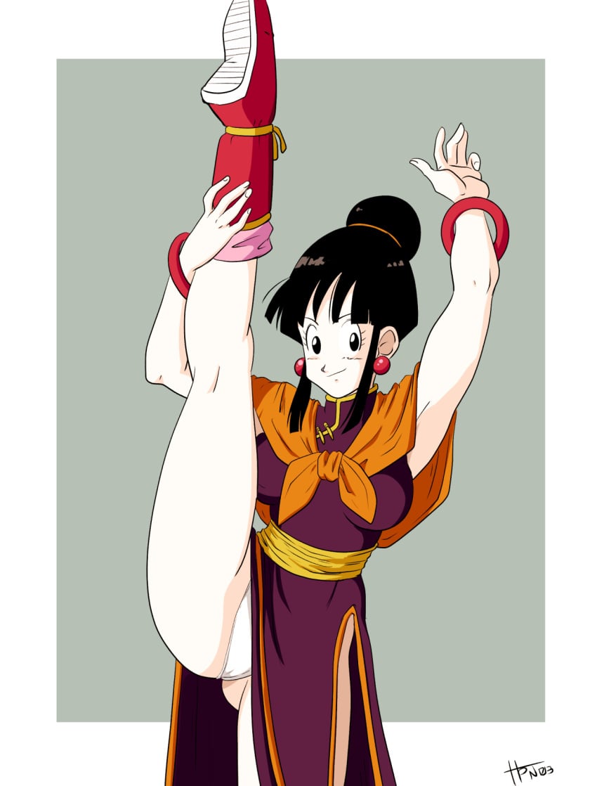 2d ass ass_focus black_hair breasts chi-chi_(dragon_ball) chichi chichi_(beginning_of_z) dragon_ball dragon_ball_z earrings female full_color fully_clothed hair_ornament large_breasts legs legs_apart long_legs no_penetration panties smile solo solo_female white_panties