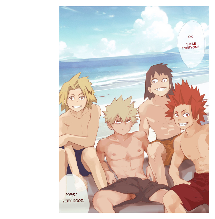 4boys beach blonde_hair darkline denki_kaminari dick_slip eijirou_kirishima hanta_sero katsuki_bakugou male_focus male_only my_hero_academia outdoors penis public smile summer topless