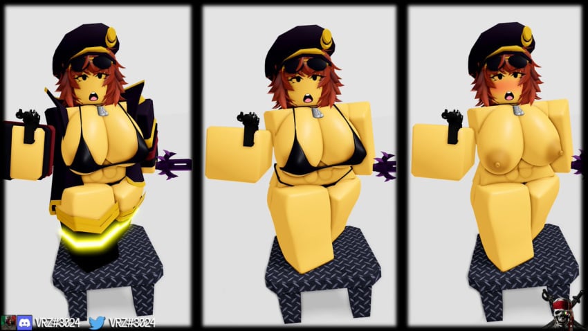 1girls 3d areolae bikini blush blushing breasts commander_(tds) discord_tag eclipse_commander glasses_on_head gun hat jacket nipples nude open_jacket open_mouth partially_clothed roblox roblox_game robloxian sword tagme thighs tower_defense_simulator vrz3024