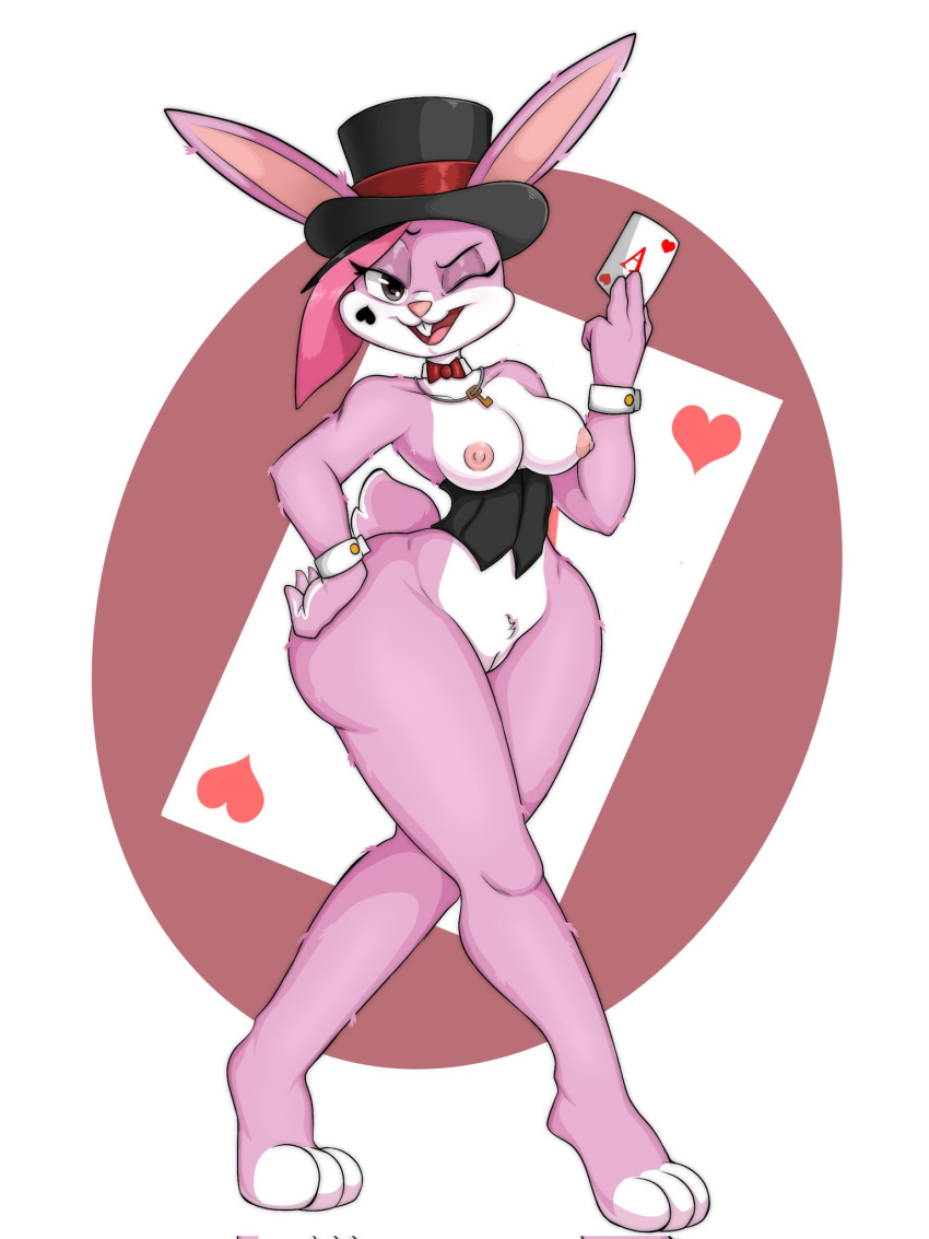 ace_of_hearts anthro areola big_breasts breasts card cuff_links female genitals hand_on_hip hi_res lagomorph leporid mammal nipples one_eye_closed playing_card pussy rabbit scut_tail short_tail solo tail theorangepumpkin thick_thighs wink