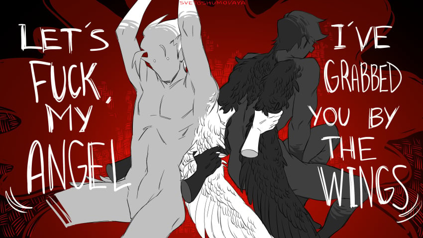 2boys angel angst artistic artistic_nude background canon_couple color colored demon devil dialogue dirk_strider faceless_character faceless_male full_color gay homestuck jake_english male male_focus male_only nude nude_male nudity short_hair short_hair_male spiky_hair svetoshumovaya yaoi