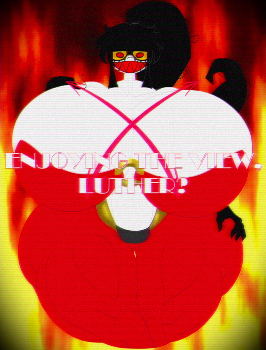 1girls black_hair black_hands breasts breasts_bigger_than_head creepy creepy_smile dialogue edit edited female female_only fire fire_background hand_on_hip hips hips_wider_than_shoulders huge_breasts huge_hips imminent_sex inminent_sex long_black_hair long_hair looking_at_viewer needlemouse_(series) nightmare_fuel nightmare_waifu ponytail red_eyes red_sclera red_teeth sarah_henderson_(epitaph_form) sarah_henderson_(needlemouse) shantae_(cosplay) sharp_teeth silhouette_flames silhouetteflame smile smiling smiling_at_viewer talking_to_viewer tasteofchoklit_(edit) text vhs_filter white_body white_skin x_breasts