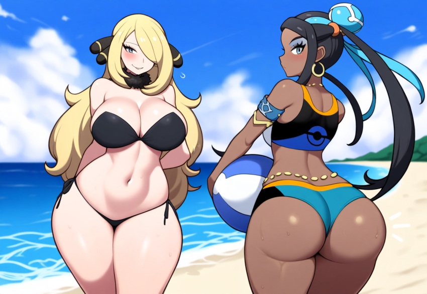 2girls ai_generated beach beach_ball big_ass big_breasts blonde_hair cynthia_(pokemon) dark-skinned_female dark_skin duo female mullon nessa_(pokemon) novelai pokemon pokemon_dppt pokemon_ss summer