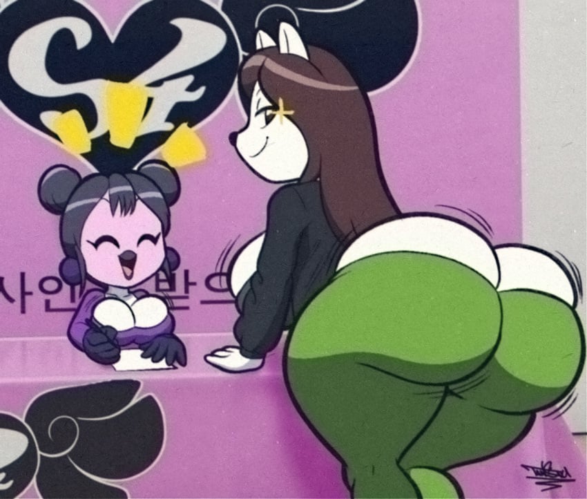 2girls anthro ass ass_cleavage avian big_ass black_hair brown_hair bubble_butt butt_crack canine clothing dat_ass fat_ass female female_focus female_only huge_ass jacket large_ass looking_back massive_ass png smile tansau thick_ass thick_thighs wide_hips