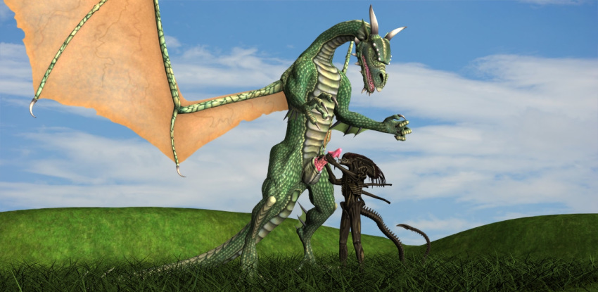 3d alien balls barbs black_body claws color day dragon erection fangs field green_scales horn masturbation outdoors penis scales scalie size_difference tagme western_dragon wings
