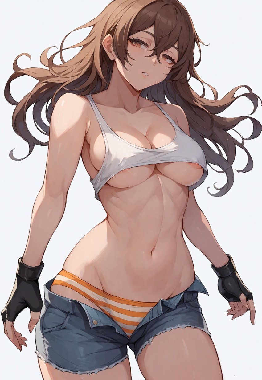 ai_generated alternate_costume areola areola_slip bare_legs black_gloves breasts brown_eyes brown_hair civitai cleavage crop_top fingerless_gloves guilty_gear half-closed_eyes jean_shorts long_hair may_(guilty_gear) medium_breasts midriff nipple_peek nipple_slip nipples open_fly open_shorts orange_striped_panties parted_lips short_shorts shorts sideboob striped striped_panties tank_top underboob white_background