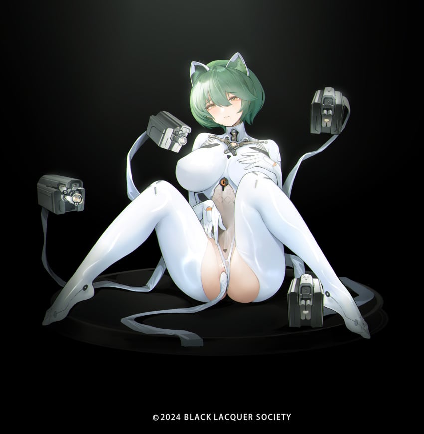 absurdres admiral_nakhimov_(azur_lane) animal_ears azur_lane battery_indicator black_background blackcat_enjia blush bodysuit bodysuit_aside breasts breasts_apart cat_ears chromatic_aberration clothing_aside commentary copyright_notice crotch_cutout crotchless crotchless_bodysuit fake_animal_ears female floating floating_object floating_weapon full_body furrowed_brow gloves green_hair hair_between_eyes hand_on_own_chest highres impossible_bodysuit impossible_clothes large_breasts looking_at_viewer m_legs mechanical_ears object_insertion parted_lips pussy raised_eyebrows short_hair simple_background sitting solo turtleneck turtleneck_bodysuit uncensored vaginal_object_insertion vaginal_penetration white_bodysuit white_gloves yellow_eyes
