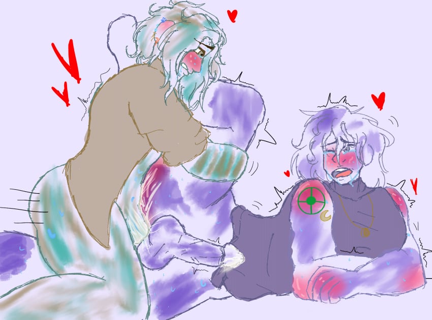 blush cum cumming_while_penetrated gay gay_sex green_hair leg_up markings messy moaning moon_solarballs non-human partially_clothed pounding_ass purple_hair sketch solarballs titan_solarballs toony yaoi