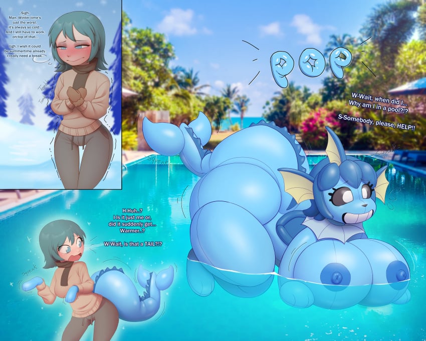 absurd_res animate_inanimate ass background big_breasts big_butt big_tail black_sclera blue_body blue_eyes blue_hair blush bottomwear breasts brown_clothing clothing detailed eeveelution female fin fin_growth forced frill_(anatomy) generation_1_pokemon glistening glistening_body growth hair handwear hi_res human inanimate_transformation inflatable inflatable_ride latex living_inflatable mammal mittens nintendo nipples open_mouth pants partially_submerged plant pokemon pokemon_(species) pool pool_toy scarf seat shaking shivering shocked smile snow solo species_transformation summer sweater tail tail_growth text thick_thighs topwear transformation transformation_sequence tree vaporeon water white_eyes winter worried zorym