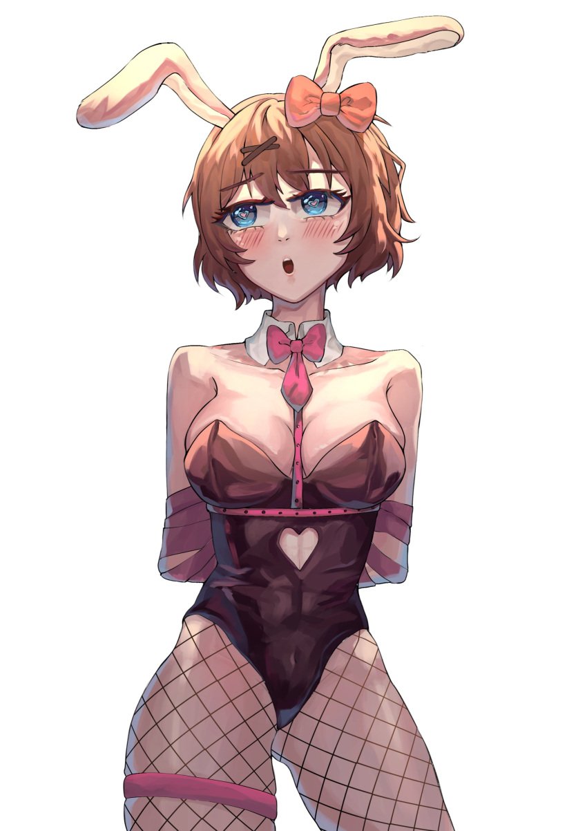 blue_eyes blush bondage breasts clothed coral_pink_hair doki_doki_literature_club heart-shaped_pupils just_sayori looking_away open_mouth rabbit_hole_(cosplay) rabbit_hole_(deco*27/caststation) rabbit_hole_(vocaloid) sayori_(doki_doki_literature_club) zrubyzart