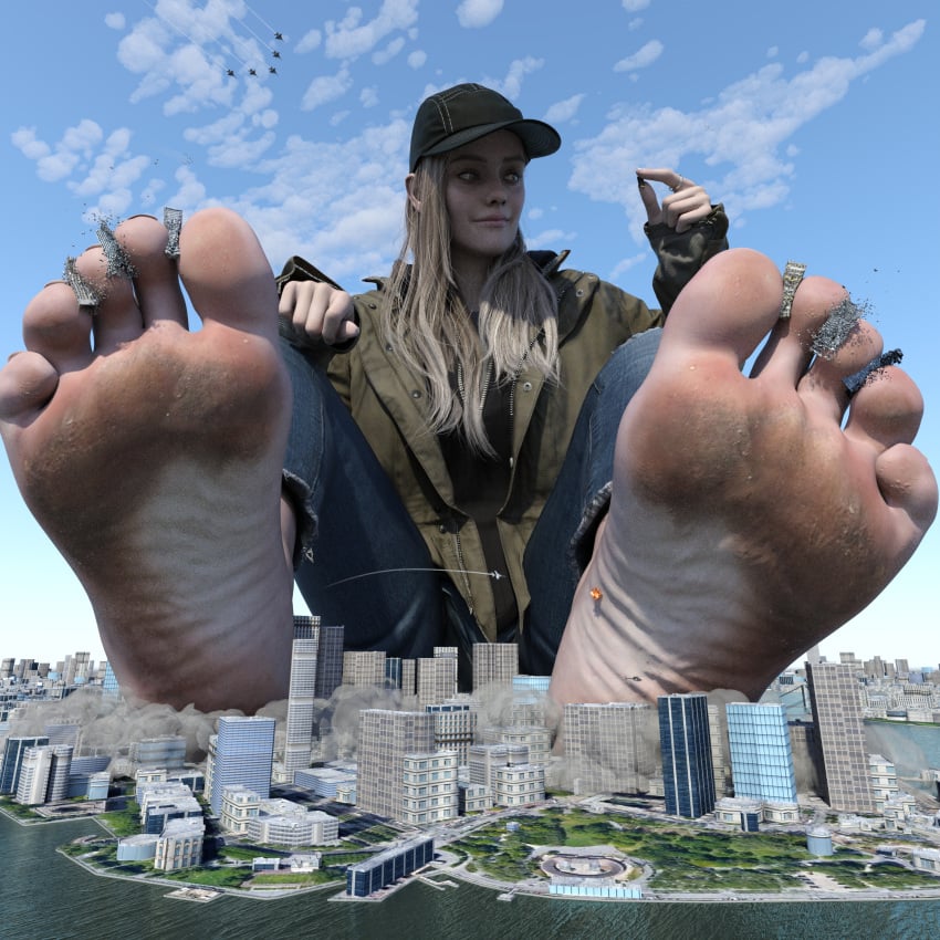 3d blonde_hair cap capcom city city_background city_destruction clothing coat dirty_feet feet feet_fetish fetish giantess giantess_growth giantessmakerkat jeans picture resident_evil resident_evil_8:_village rosemary_winters teenager