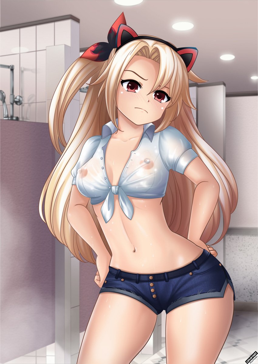 1girls 2022 2024 angry artist_logo artist_name bathroom belly_button blonde_hair blush breasts cat_ear_headphones compile_heart flame_awakening hair_ornament hair_ribbon hands_on_hips idea_factory if_(neptunia) jean_shorts jeans leaf_hair_ornament lifejoyart long_hair maxfauler neptunia_(series) nipples nipples_visible_through_clothing official_alternate_hairstyle pout red_eyes see-through see-through_clothing short_shorts shower small_breasts stomach superdimension_neptune tank_top tied_shirt transformation