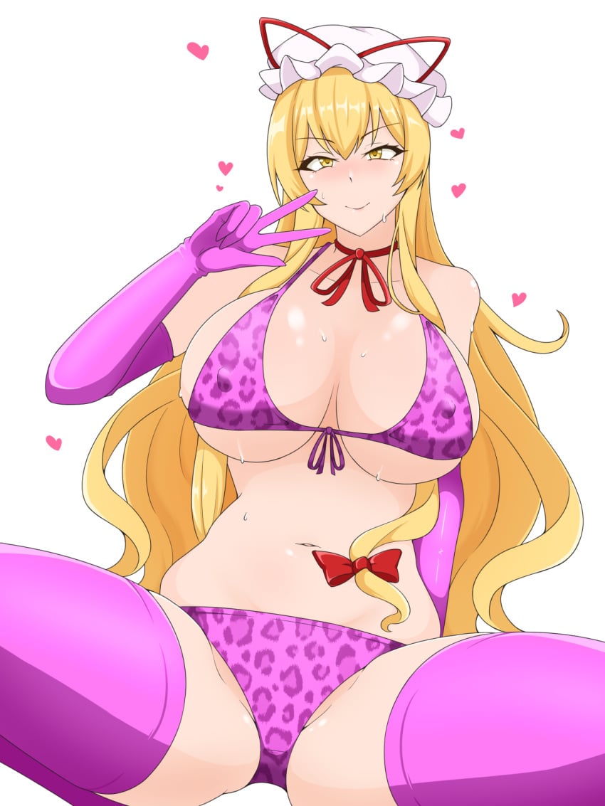 1girls blonde_hair blush gloves golden_eyes heart heart huge_breasts lactone1121 large_breasts leopard_print leopard_print_bikini long_gloves long_hair looking_at_viewer mob_cap nipple_bulge peace_sign purple_bikini purple_gloves purple_stockings red_ribbon ribbon smile solo squatting stockings string_bikini sweat sweaty_breasts thick_thighs thighs tilted_head touhou two_fingers_up yakumo_yukari yukari_yakumo