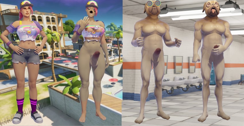 anthro brite_bomber canine dog_ears doggo_(fortnite) ejejhajsheusususu female female_to_male fortnite ftm_transformation holding_penis human human_to_anthro malakisuglypotato_(artlist) male male_focus muscles penis pink_hair ramirez_(fortnite) shocked smile tongue tongue_out transformation transformation_sequence