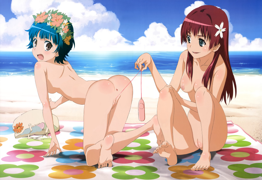 2girls all_fours anus areolae ass blue_eyes blue_hair breasts brown_eyes cleavage feet female gotou_keiji hair human kneeling multiple_girls nipples nude pussy pussy_juice red_hair saten_ruiko sex_toy to_aru_kagaku_no_railgun to_aru_majutsu_no_index uiharu_kazari vaginal_insertion vibrator yuri