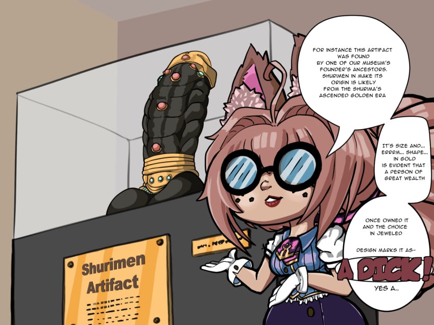 ahoge animal_ears blue_clothing blue_topwear blue_vest bottomwear breasts brown_body brown_fur brown_hair clothing dialogue eyewear fan_character female freckles fur glasses gloves hair handwear hi_res humanoid inner_ear_fluff league_of_legends lipstick makeup nightlydayart purple_bottomwear purple_clothing purple_skirt red_lipstick riot_games round_glasses sex_toy short_stack skirt solo speech_bubble tencent text topwear tuft vest white_clothing white_gloves white_handwear white_topwear wide_hips yordle