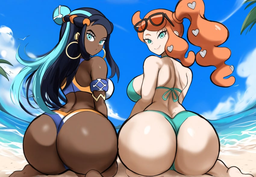 2024 2d 2girls ai_generated ass ass-to-ass back beach big_ass bikini black_hair blue_eyes blue_hair dark-skinned_female dark_skin dat_ass day female green_eyes huge_ass human human_female human_only interracial light-skinned_female light_skin long_hair looking_at_viewer looking_back mullon nessa_(pokemon) no_sex novelai orange_hair outdoors outside pokemon pokemon_ss side_ponytail sonia_(pokemon) straight_hair that_ass_was_fat tropical two_tone_hair wavy_hair