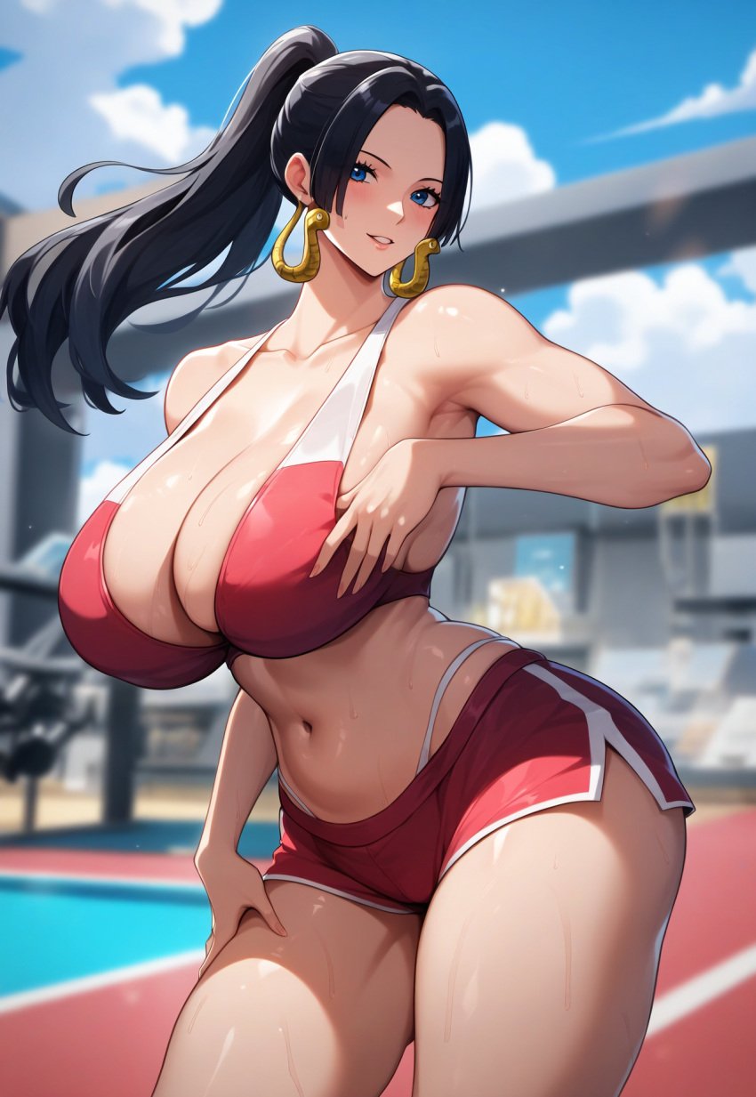 ai_due ai_generated bikini black_hair blue_eyes boa_hancock breasts cleavage female female_focus female_only huge_breasts large_breasts one_piece ponytail solo thick_thighs thighs tied_hair