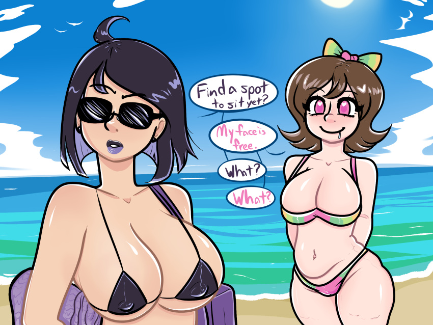 beach beach_background beach_towel belly bikini bikini_top breasts cellulite cleavage cleavage_overflow date eyelashes felinicanarchy female female_only girlfriend girly goth_girl heart-shaped_pupils heart_eyes highres lipstick nipple_bulge nipple_outline original_character original_characters pink_eyes self_upload sunglasses thick thick_legs thick_thighs thighs tinted_eyewear tummy yuri