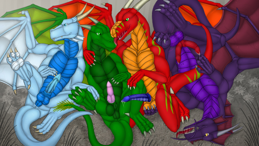 2014 anthro askatrash ball blue_scales dragon furry furry_only gay green_scales horn knot lying male male_only no_humans penis phlegethon precum purple_scales red_scales scar sytheras vein wemd western wings