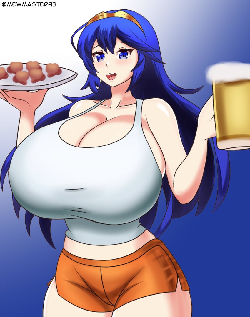 alcohol alternate_costume breasts cleavage female fire_emblem fire_emblem_awakening food gigantic_breasts hooters hooters_uniform lucina_(fire_emblem) mewmaster93 nintendo symbol-shaped_pupils waitress