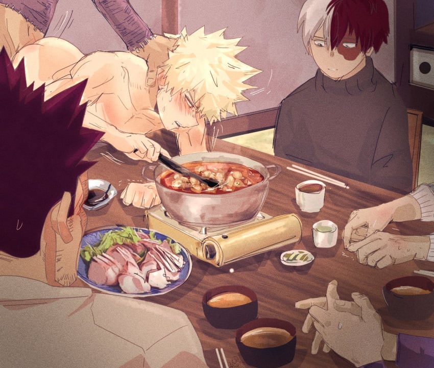 anal blonde_hair dabi darkline dinner_table endeavor_(my_hero_academia) enji_todoroki family food gay humiliation katsuki_bakugou male_focus male_only my_hero_academia no_visible_genitalia nude shouto_todoroki sweat table table_sex touya_todoroki watching_sex