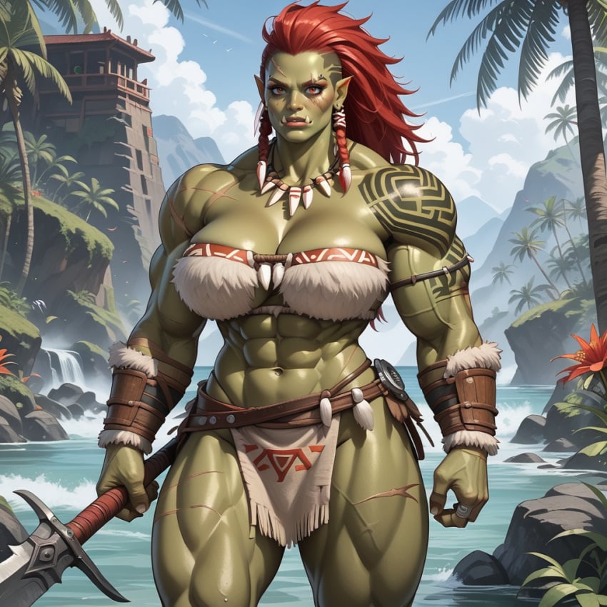 ai_generated female fur_armor green_skin muscular muscular_female orc orc_female red_hair solo solo_female tribal tribal_tattoo tropical