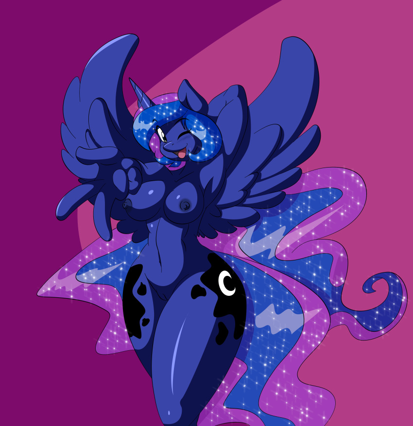 1girls alicorn anthro breasts cutie_mark edit equine female female_only friendship_is_magic horn horse looking_at_viewer mastergodai my_little_pony navel one_eye_closed pony princess_luna_(mlp) pussy see-through see-through_hair solo sparkles wide_hips wings wink