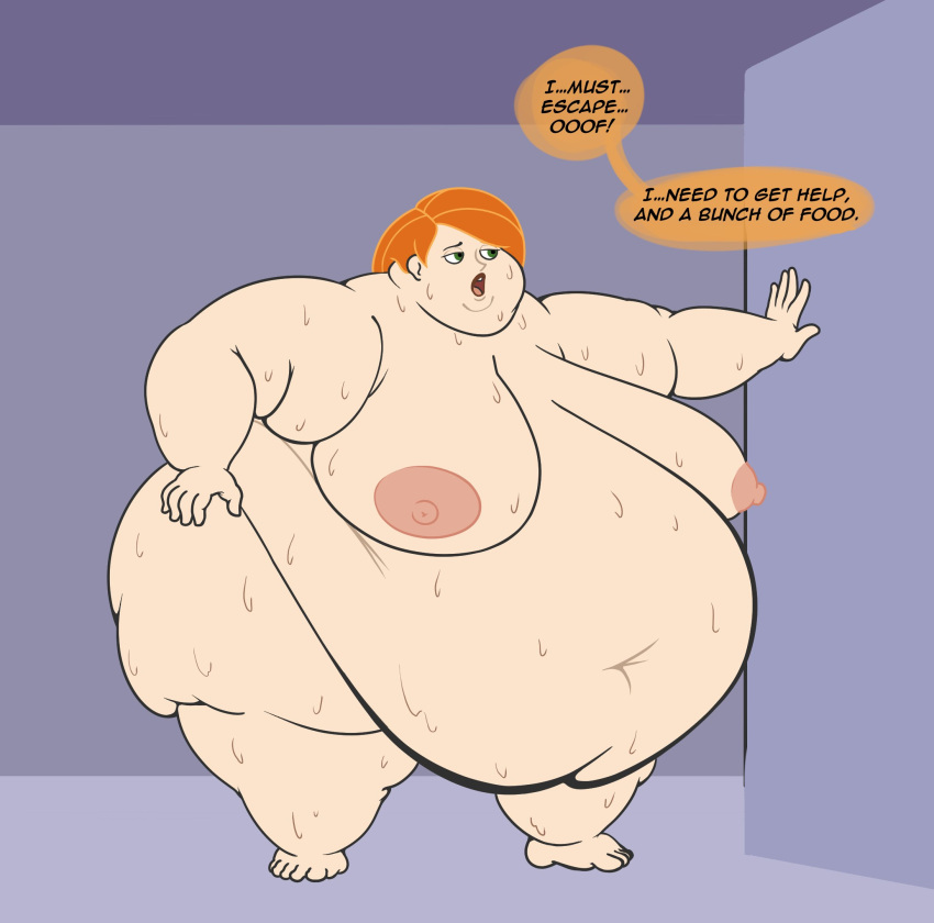 1girls bbw breasts dialogue fat female kim_possible kimberly_ann_possible lamosca99 morbidly_obese nipples nude obese overweight overweight_female red_hair solo ssbbw sweat text weight_gain