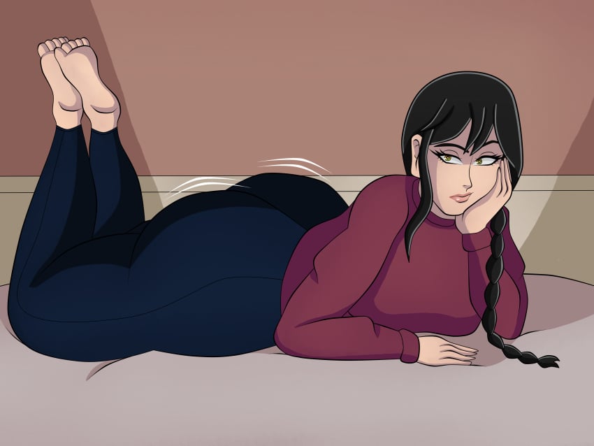 1girls ass big_ass big_butt black_hair blueartfiend bored_expression breasts chainsaw_man feet feet_up female female_only full_body gold_eyes huge_ass huge_butt laying_on_bed nayuta_(chainsaw_man) solo solo_female