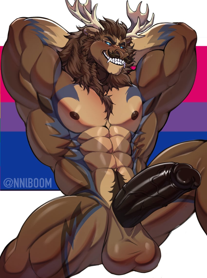 abs alexaboom anthro antlers balls biceps deer diffuse_moose fangs genitals hi_res horn male mammal moose muscular muscular_anthro muscular_male new_world_deer nipples pecs penis sharp_teeth solo teeth vein veiny_penis were weredeer weremoose werenew_world_deer