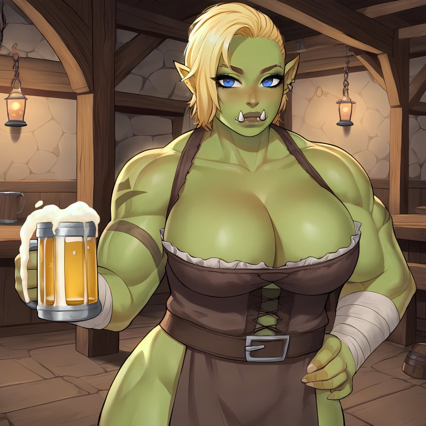 ai_generated barmaid beer big_breasts blonde_hair cartoony cleavage fantasy female green_skin muscular_female orc orc_female solo solo_female tavern